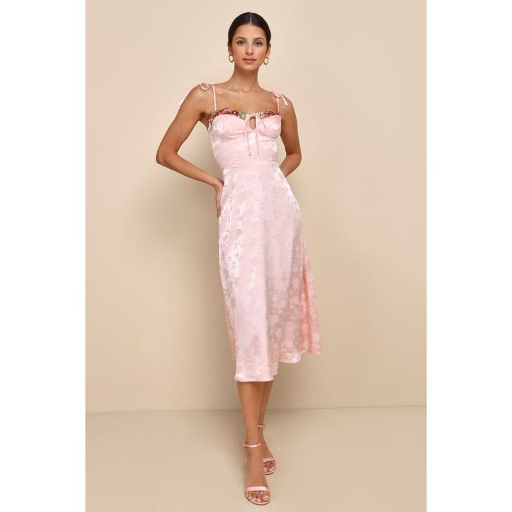 Lulus Ethereal Muse Light Pink Satin Jacquard Embroidered Midi Dress - Size S
